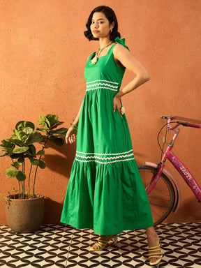 Green Ric Rac Lace Strappy Tiered Midi Dress-Pink Paprika By SASSAFRAS