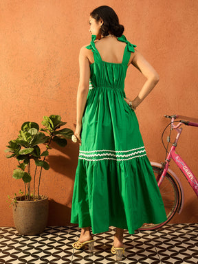 Green Ric Rac Lace Strappy Tiered Midi Dress-Pink Paprika By SASSAFRAS