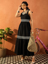 Black Ric Rac Lace Strappy Tiered Midi Dress-Pink Paprika By SASSAFRAS