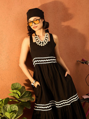 Black Ric Rac Lace Strappy Tiered Midi Dress-Pink Paprika By SASSAFRAS
