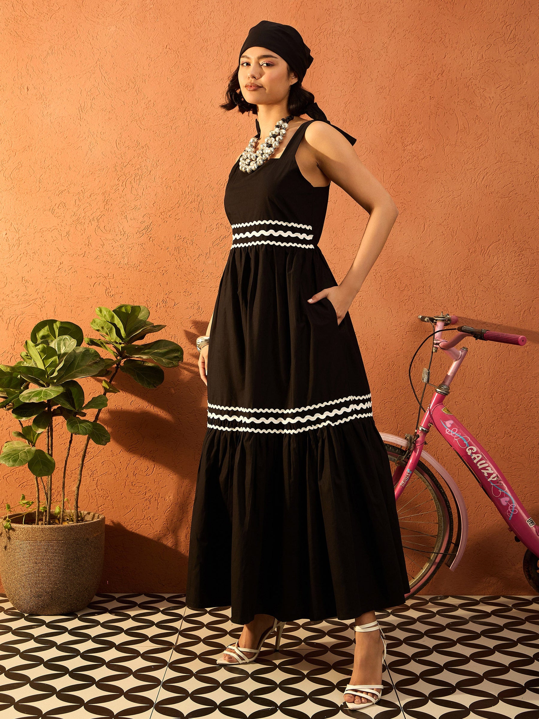 Black Ric Rac Lace Strappy Tiered Midi Dress-Pink Paprika By SASSAFRAS