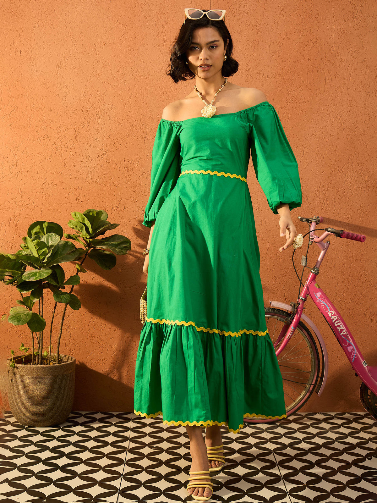 Green Ric Rac Lace Square Neck Maxi Dress-Pink Paprika By SASSAFRAS