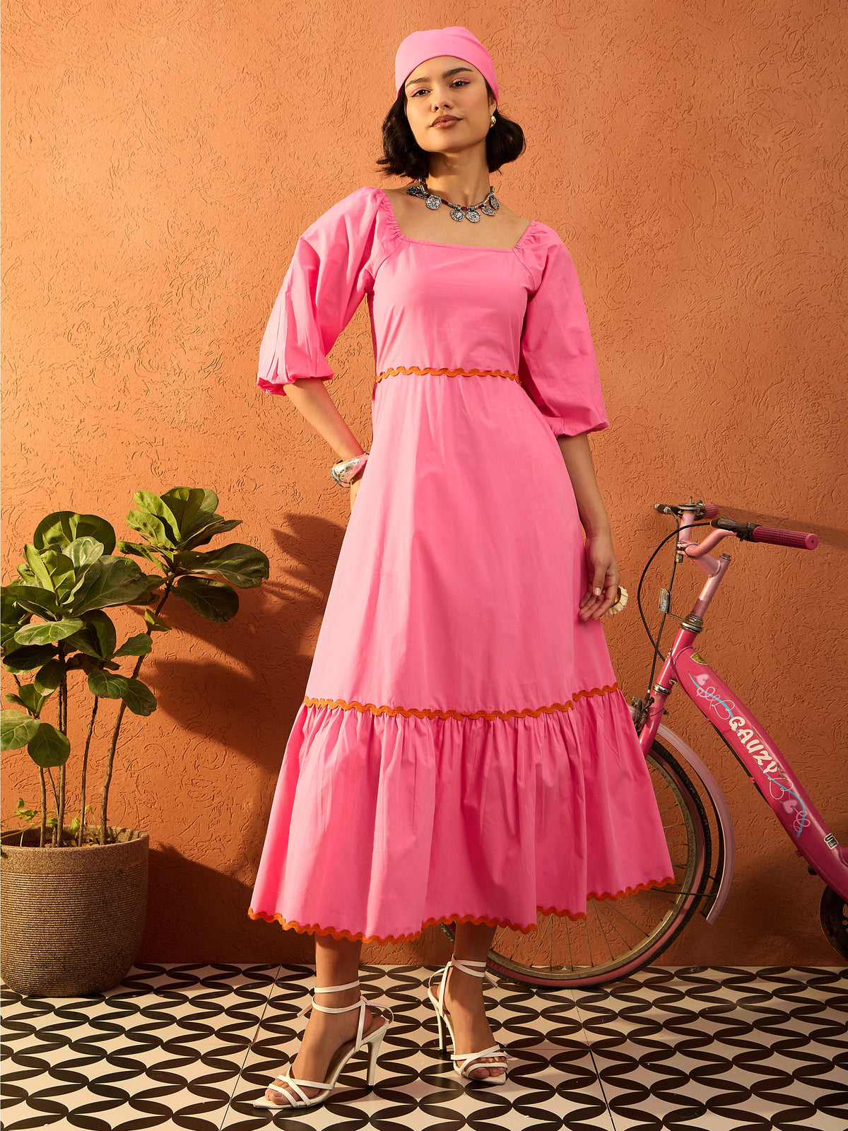Pink Ric Rac Lace Square Neck Maxi Dress-Pink Paprika By SASSAFRAS