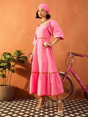 Pink Ric Rac Lace Square Neck Maxi Dress-Pink Paprika By SASSAFRAS