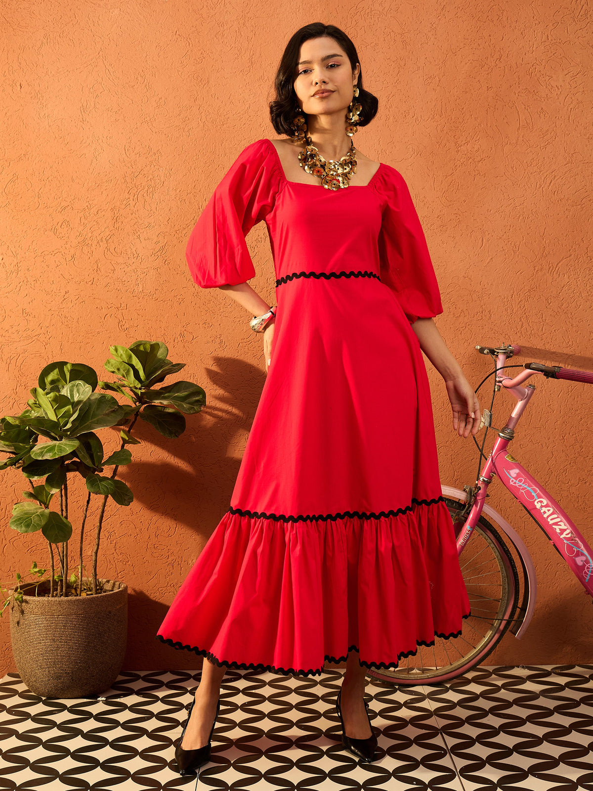 Red Ric Rac Lace Square Neck Maxi Dress-Pink Paprika By SASSAFRAS