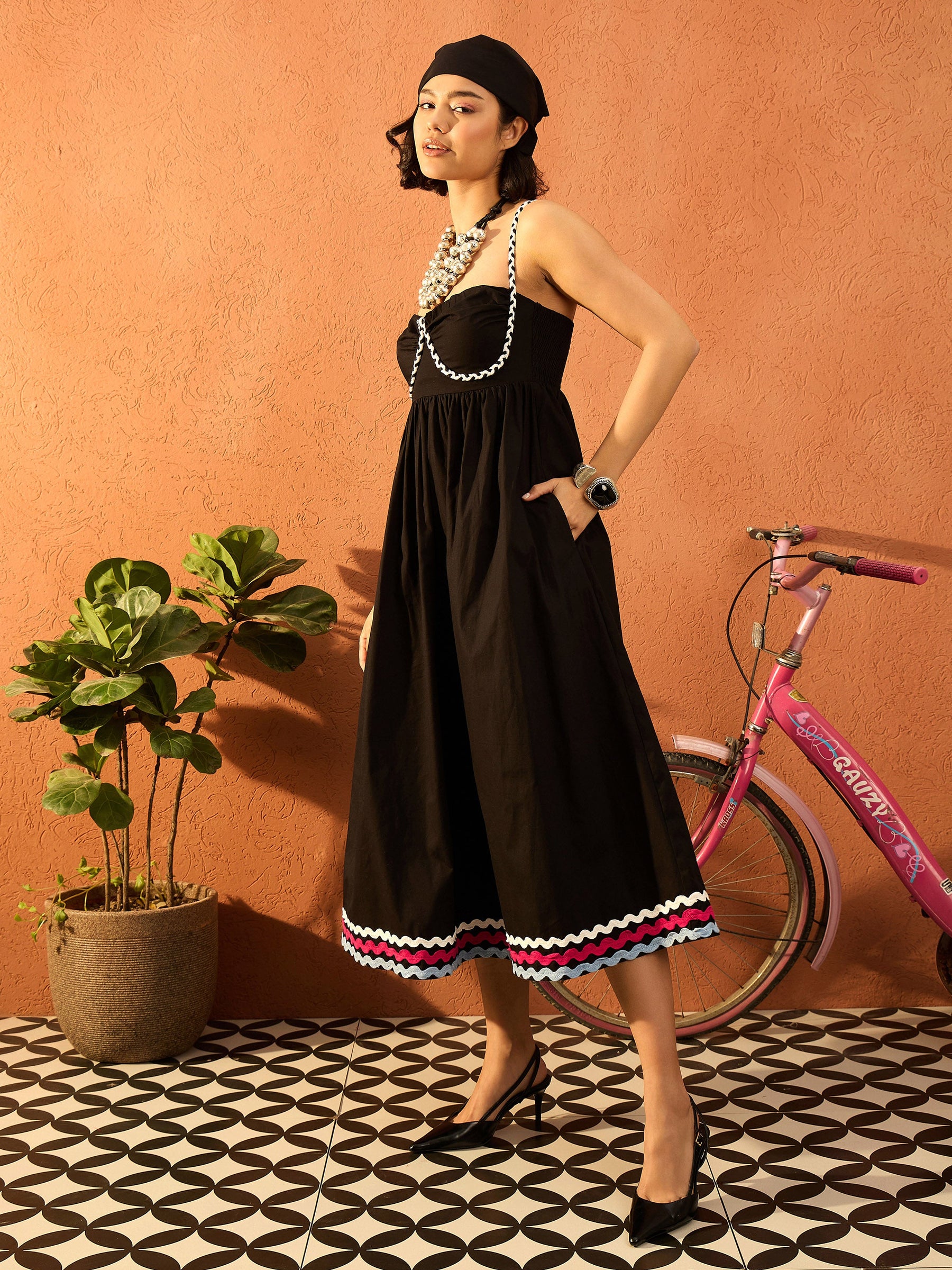 Black Ric Rac Lace Strappy Midi Dress-Pink Paprika By SASSAFRAS