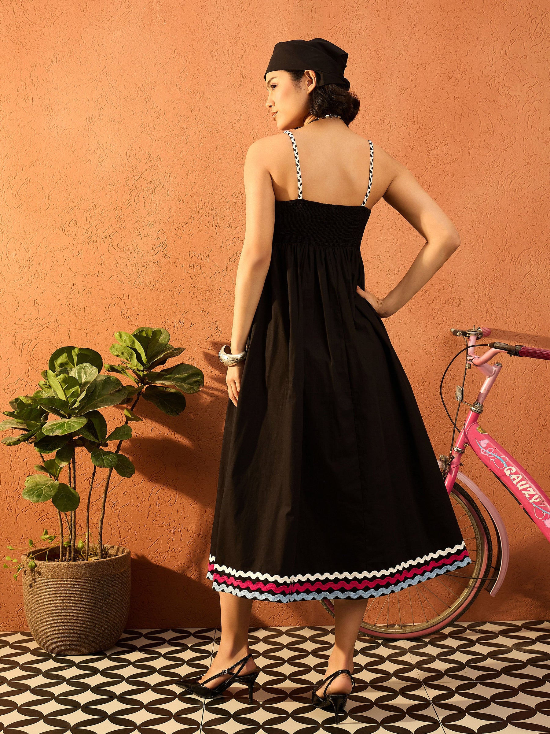 Black Ric Rac Lace Strappy Midi Dress-Pink Paprika By SASSAFRAS