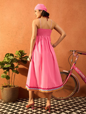 Pink Ric Rac Lace Strappy Midi Dress-Pink Paprika By SASSAFRAS
