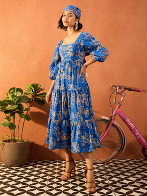 Blue & Off White Floral Back Tie Knot Midi Dress-Pink Paprika By SASSAFRAS