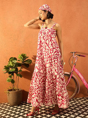 Red & Off White Ikat Loose Fit Strappy Tiered Maxi-Pink Paprika By SASSAFRAS