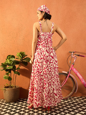 Red & Off White Ikat Loose Fit Strappy Tiered Maxi-Pink Paprika By SASSAFRAS
