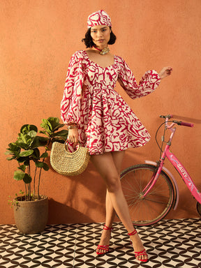 Red & Off White Ikat Back Cut Out Short Skater Dress-Pink Paprika By SASSAFRAS