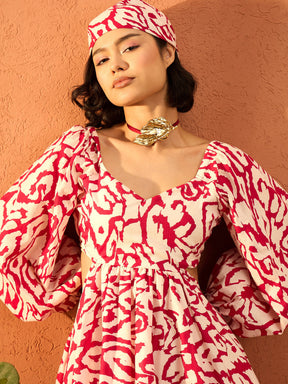 Red & Off White Ikat Back Cut Out Short Skater Dress-Pink Paprika By SASSAFRAS