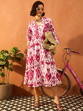 Pink & White Ikat Print V Neck Gathered Midi Dress-Pink Paprika By SASSAFRAS