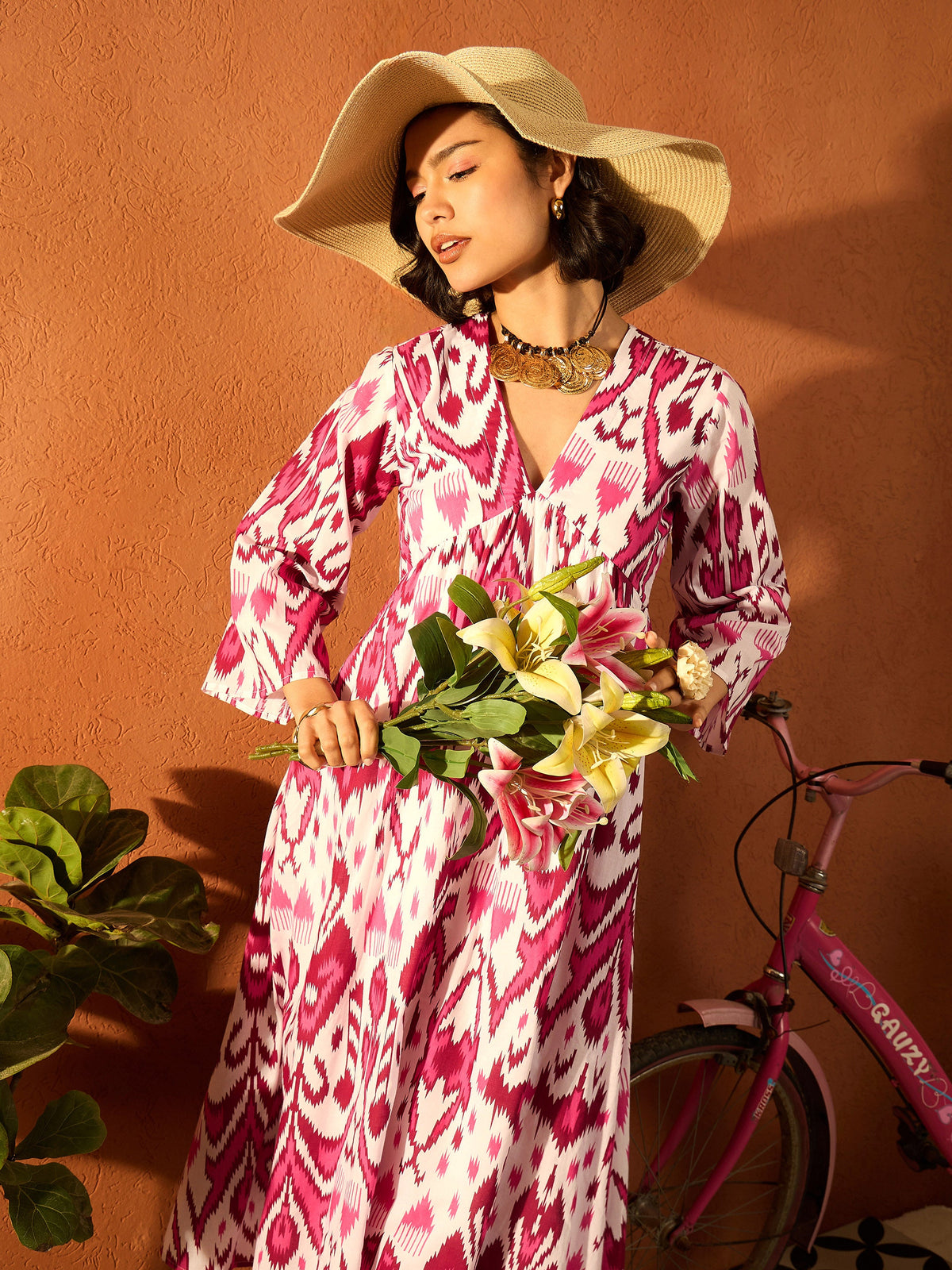Pink & White Ikat Print V Neck Gathered Midi Dress-Pink Paprika By SASSAFRAS