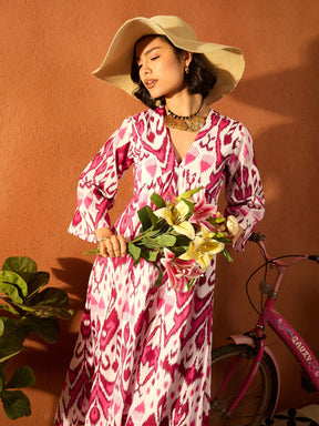Pink & White Ikat Print V Neck Gathered Midi Dress-Pink Paprika By SASSAFRAS