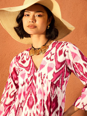 Pink & White Ikat Print V Neck Gathered Midi Dress-Pink Paprika By SASSAFRAS