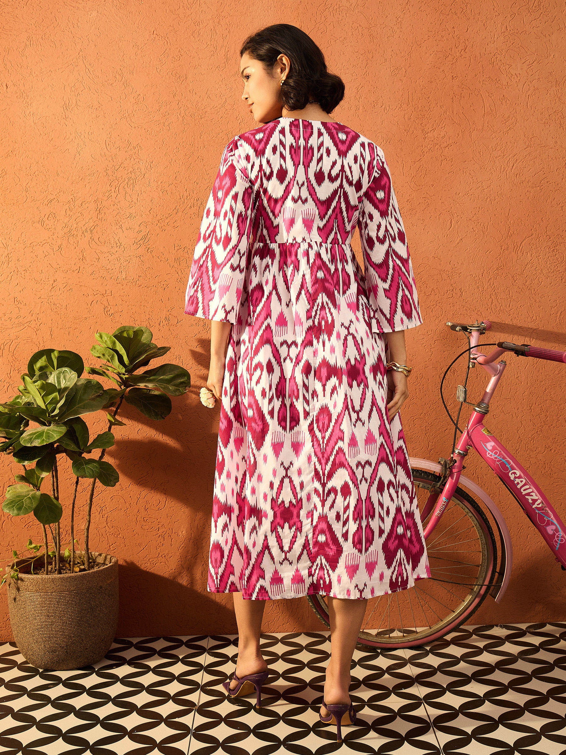 Pink & White Ikat Print V Neck Gathered Midi Dress-Pink Paprika By SASSAFRAS
