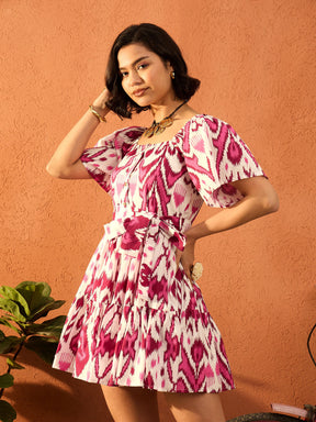 Pink & White Ikat Print Belted Short Tired Dress-Pink Paprika By SASSAFRAS