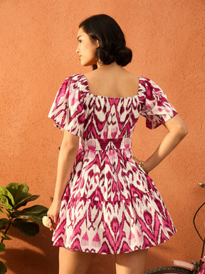 Pink & White Ikat Print Belted Short Tired Dress-Pink Paprika By SASSAFRAS