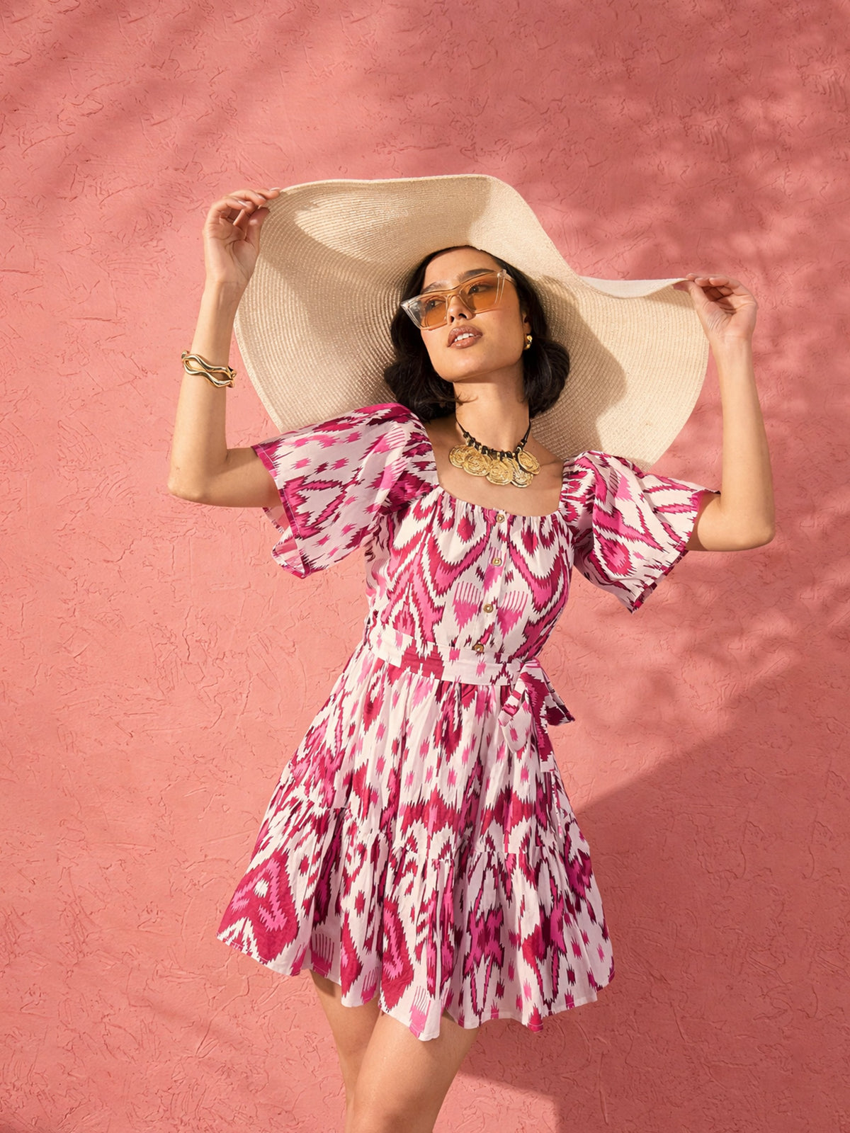 Pink & White Ikat Print Belted Short Tired Dress-Pink Paprika by SASSAFRAS