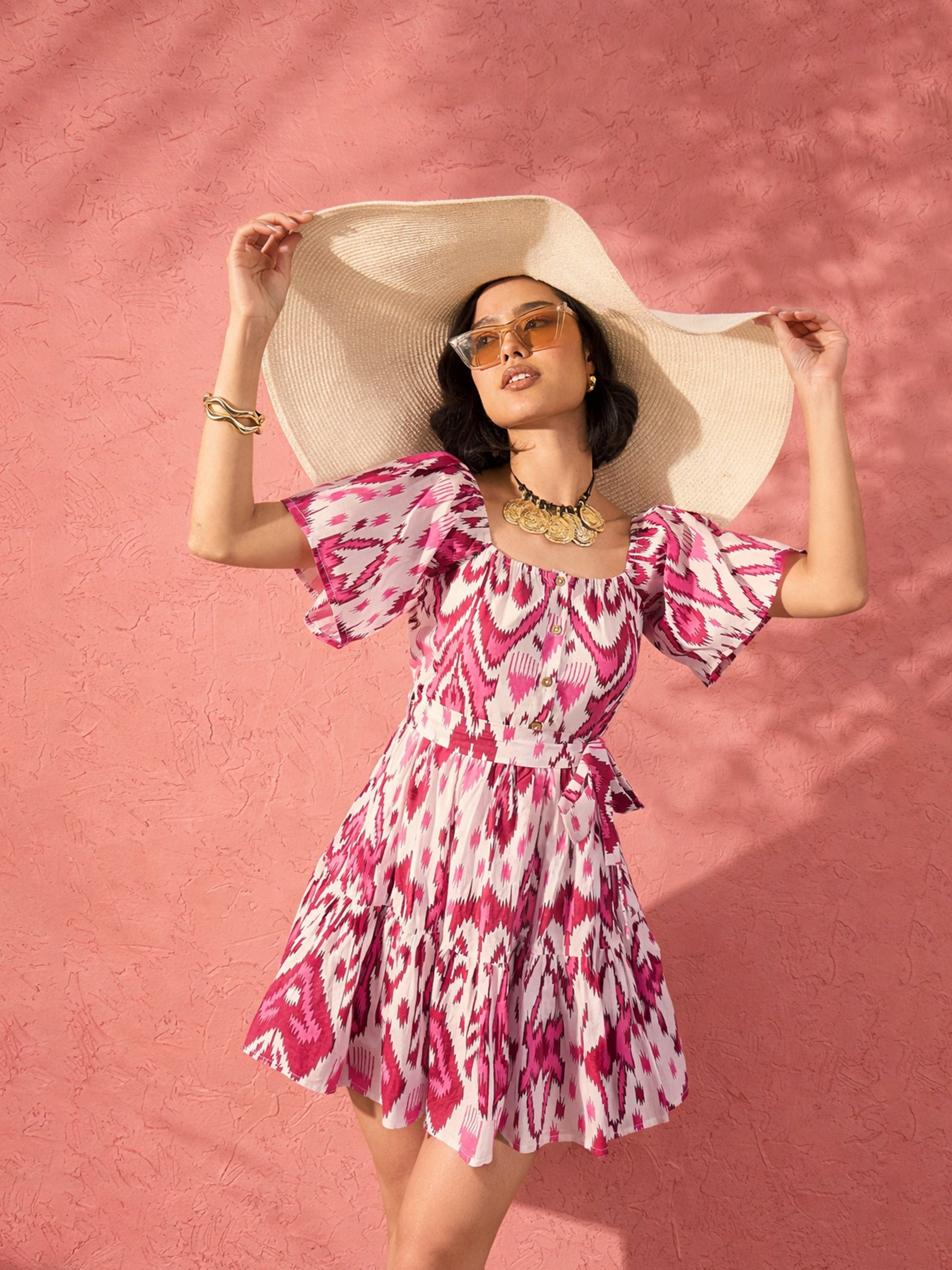 Pink & White Ikat Print Belted Short Tired Dress-Pink Paprika by SASSAFRAS