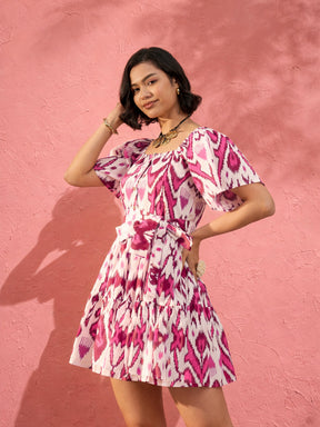 Pink & White Ikat Print Belted Short Tired Dress-Pink Paprika by SASSAFRAS