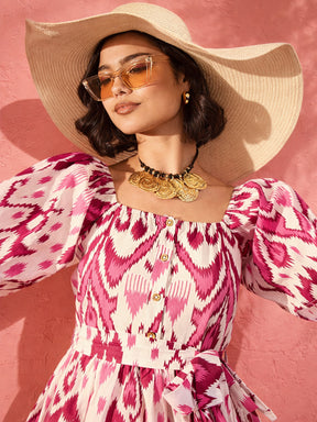Pink & White Ikat Print Belted Short Tired Dress-Pink Paprika by SASSAFRAS