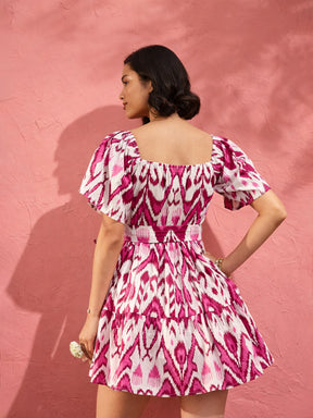 Pink & White Ikat Print Belted Short Tired Dress-Pink Paprika by SASSAFRAS