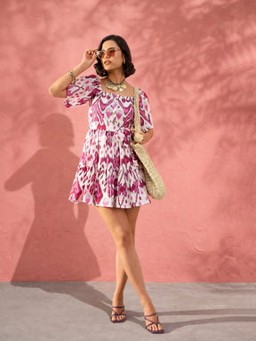 Women Pink & White Ikat Print Belted Short Tired Dress