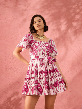 Women Pink & White Ikat Print Belted Short Tired Dress