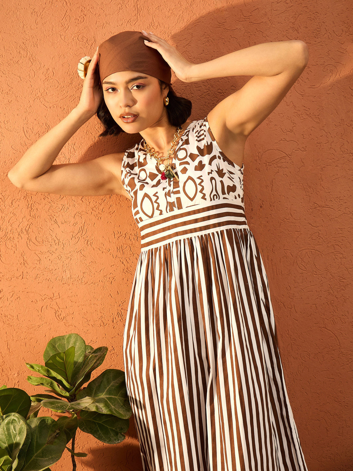 Brown & White Stripes Back-Tie Dori Cut-out Tiered Maxi-Pink Paprika By SASSAFRAS