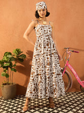 Brown & White Quirky Print Strappy Tie-up Maxi Dress-Pink Paprika By SASSAFRAS