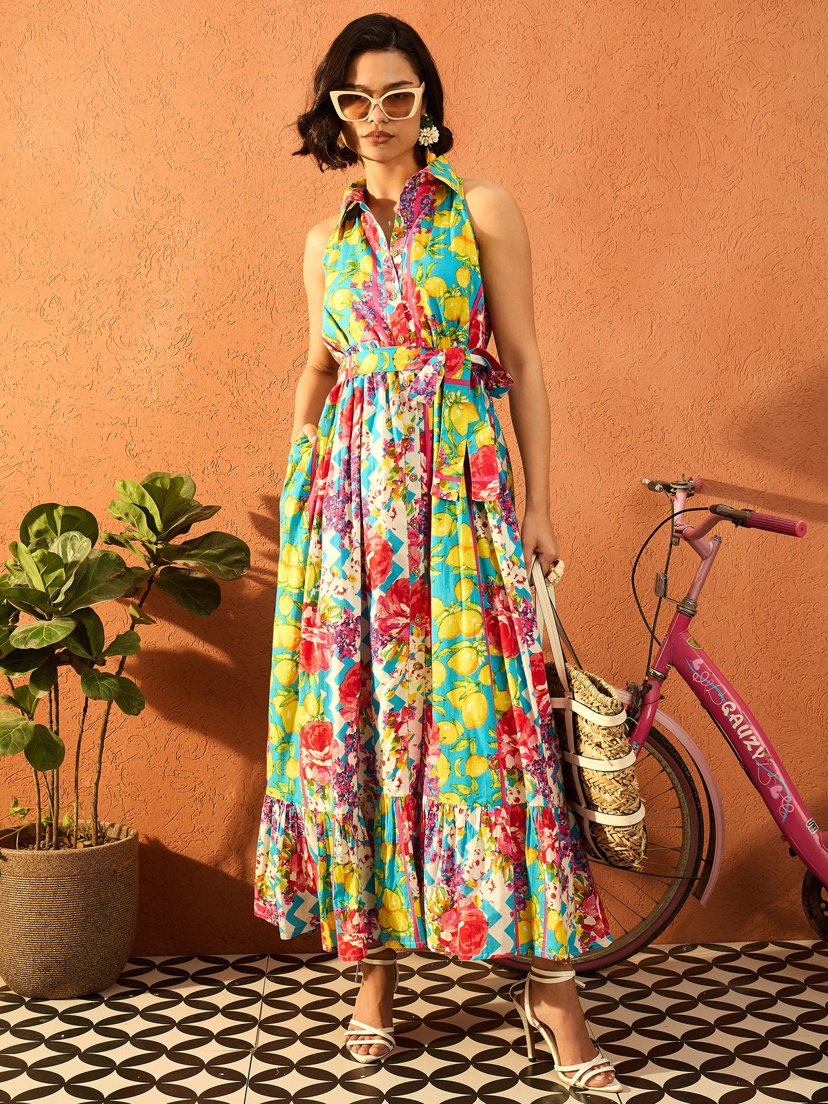 Blue & Yellow Floral Cambric Front Button Maxi Dress-Pink Paprika By SASSAFRAS