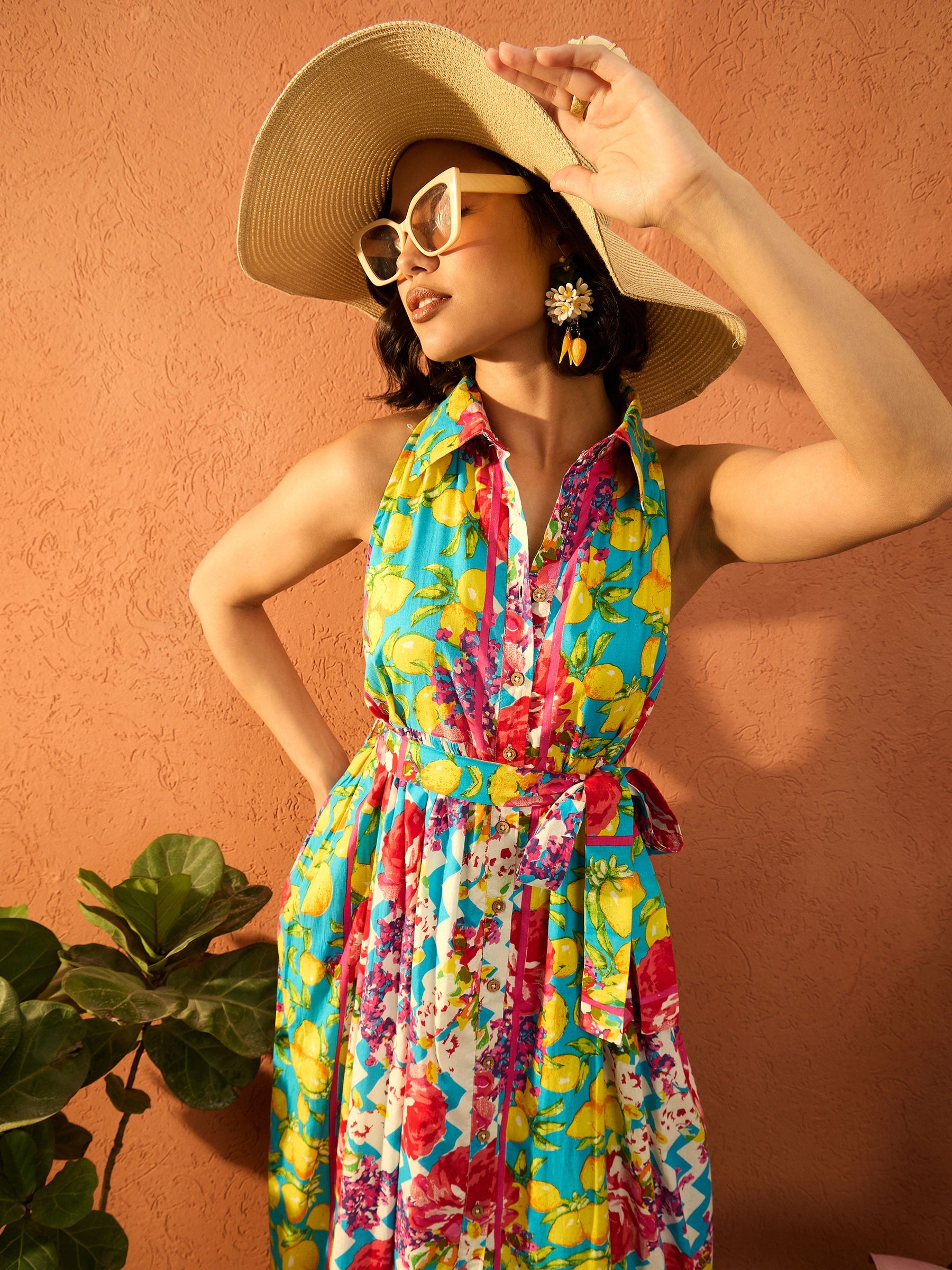 Blue & Yellow Floral Cambric Front Button Maxi Dress-Pink Paprika By SASSAFRAS