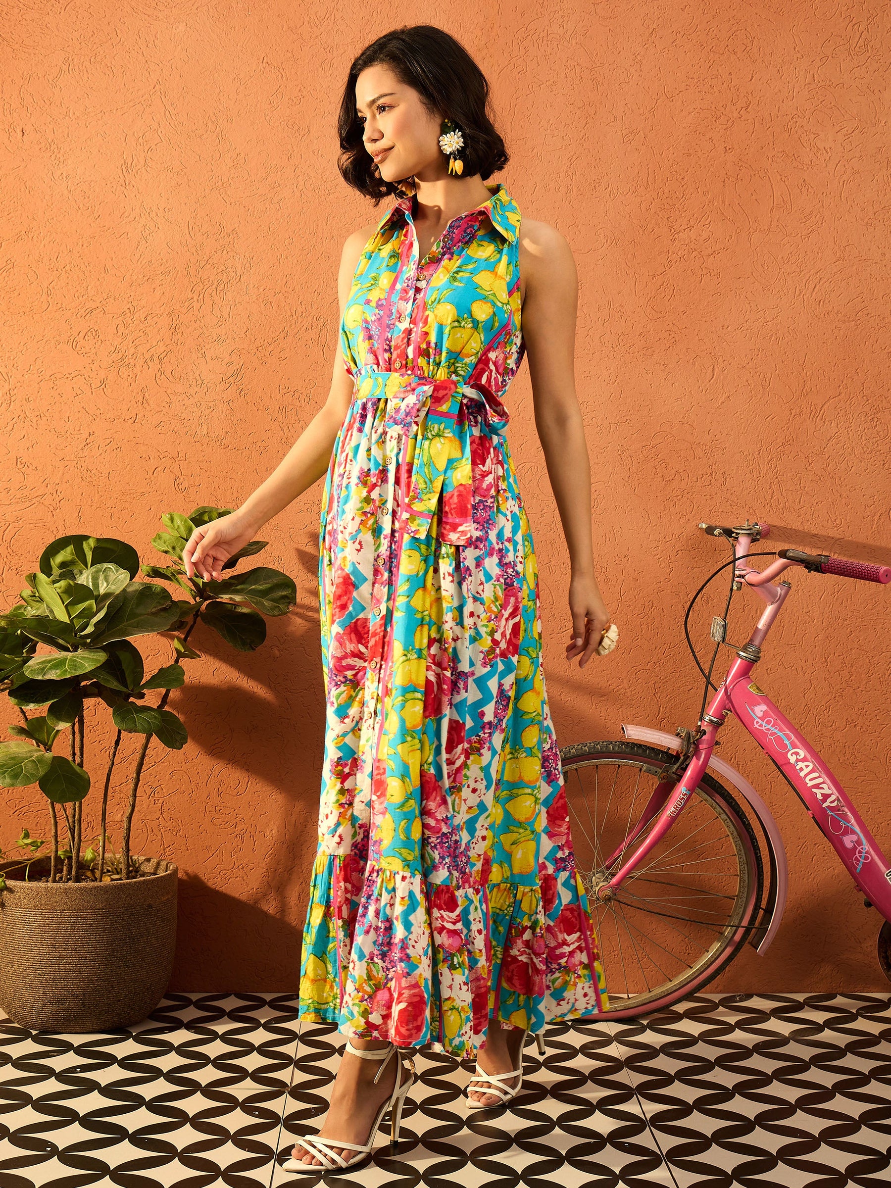 Blue & Yellow Floral Cambric Front Button Maxi Dress-Pink Paprika By SASSAFRAS