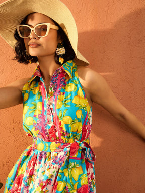 Blue & Yellow Floral Cambric Front Button Maxi Dress-Pink Paprika By SASSAFRAS