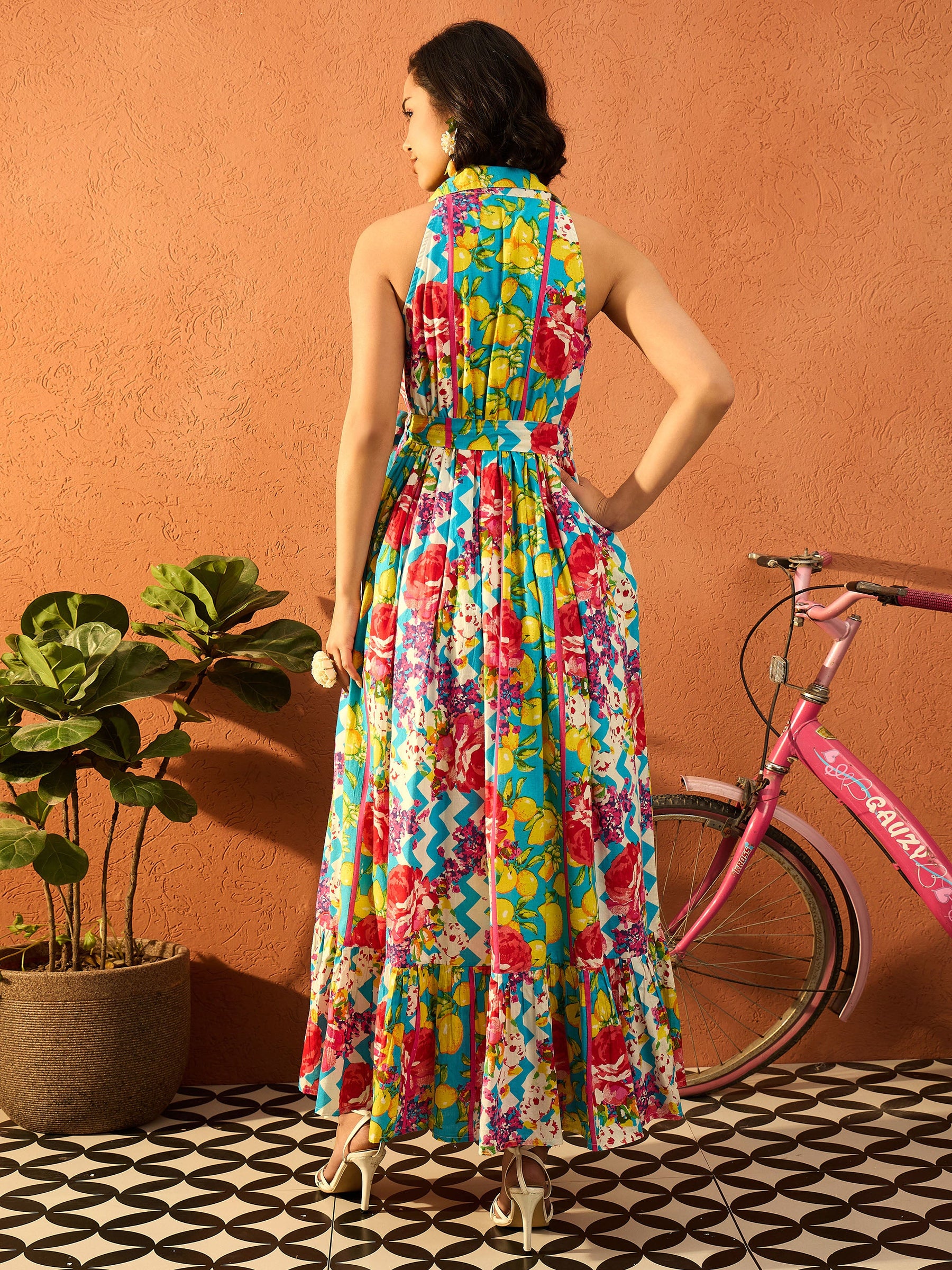 Blue & Yellow Floral Cambric Front Button Maxi Dress-Pink Paprika By SASSAFRAS