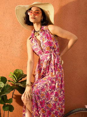 Beige & Pink Floral Cambric Front Button Maxi Dress-Pink Paprika By SASSAFRAS