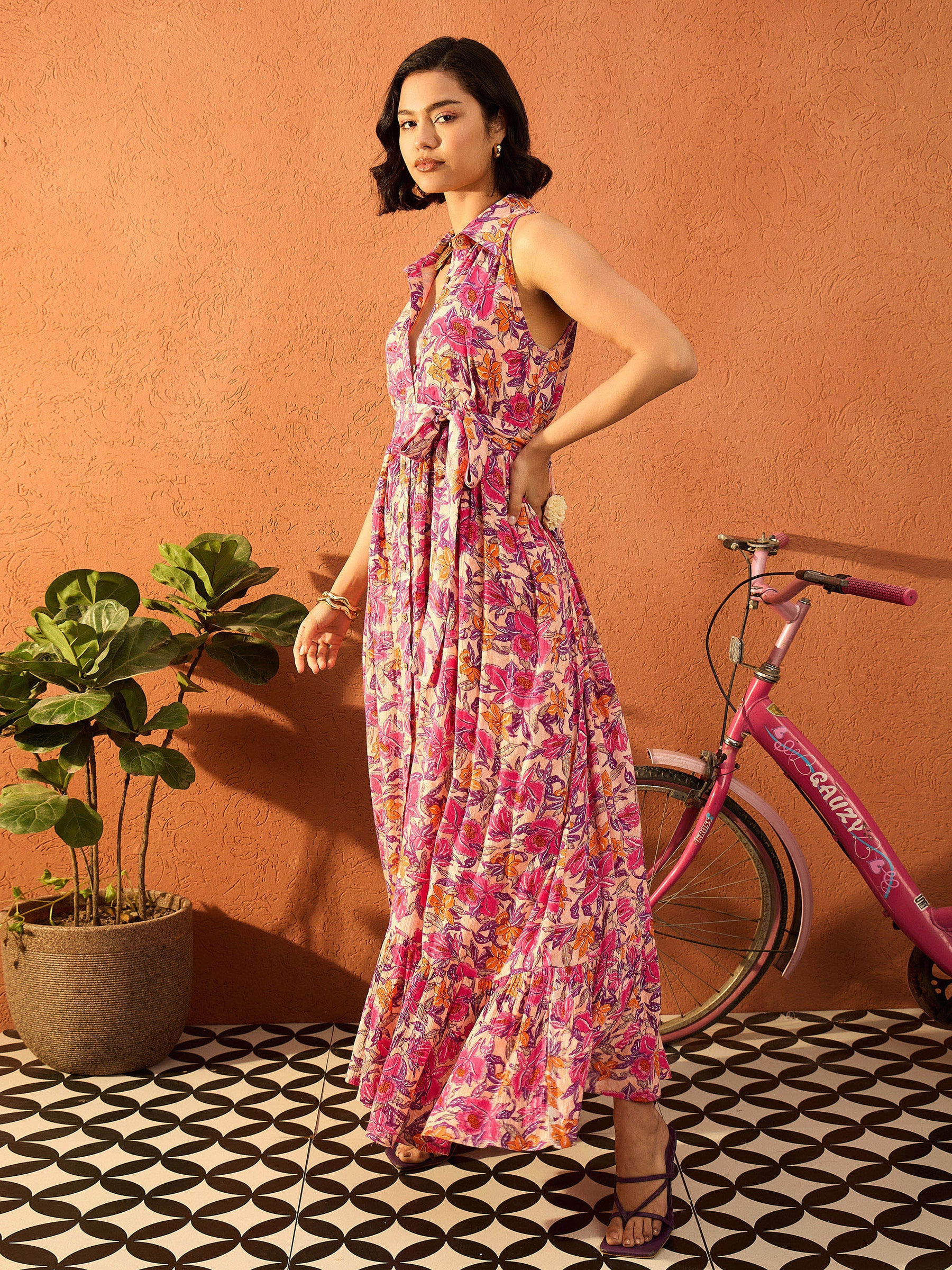 Beige & Pink Floral Cambric Front Button Maxi Dress-Pink Paprika By SASSAFRAS