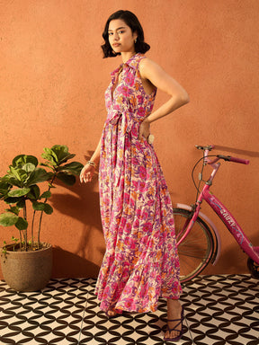 Beige & Pink Floral Cambric Front Button Maxi Dress-Pink Paprika By SASSAFRAS
