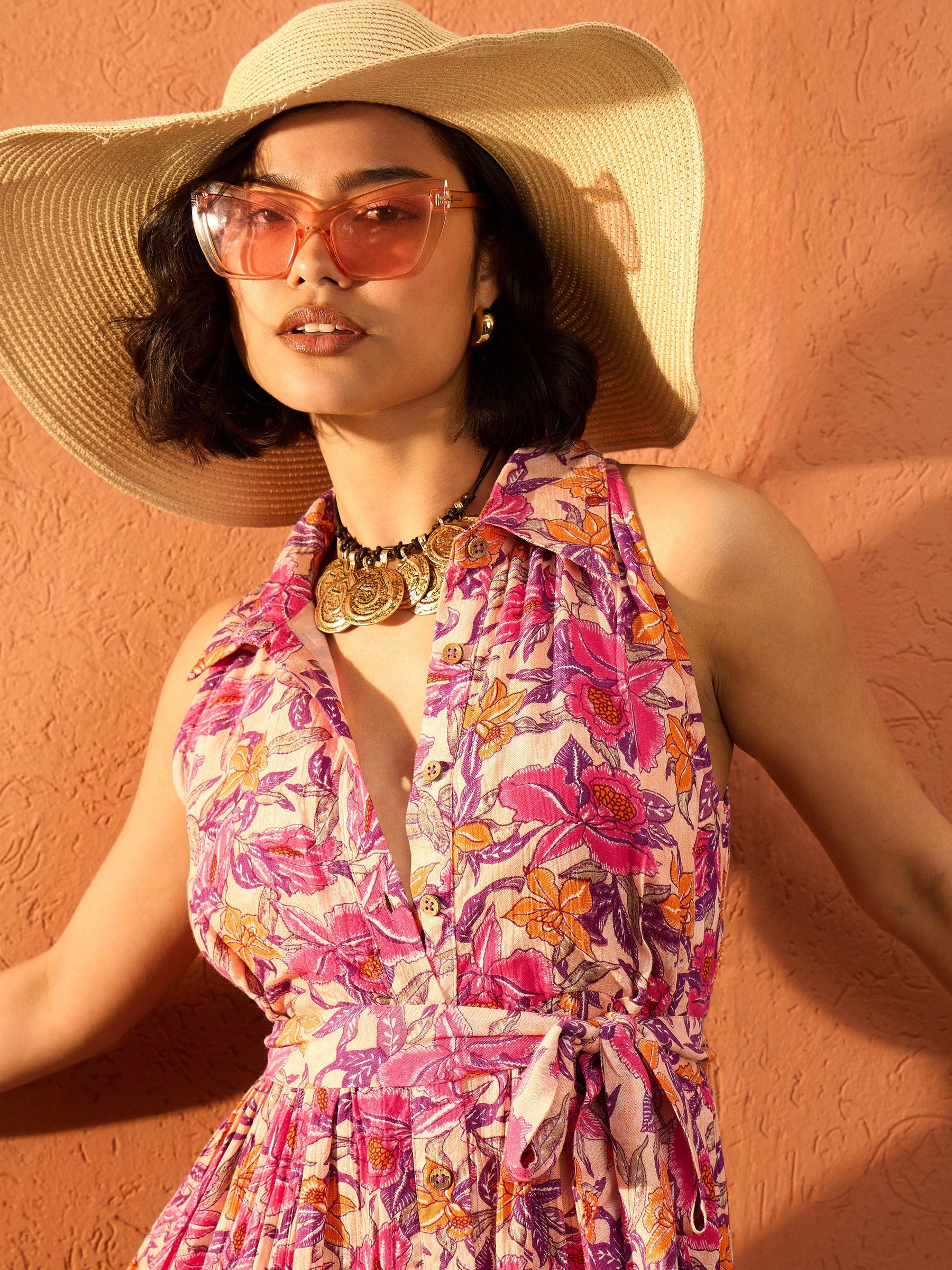Beige & Pink Floral Cambric Front Button Maxi Dress-Pink Paprika By SASSAFRAS