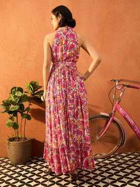 Beige & Pink Floral Cambric Front Button Maxi Dress-Pink Paprika By SASSAFRAS