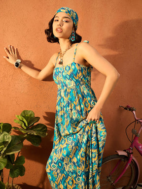 Blue & Yellow Ikat Print Strappy Tie-up Maxi Dress-Pink Paprika By SASSAFRAS