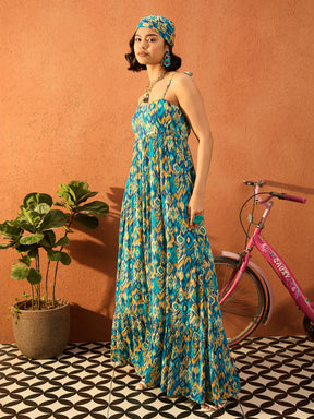 Blue & Yellow Ikat Print Strappy Tie-up Maxi Dress-Pink Paprika By SASSAFRAS