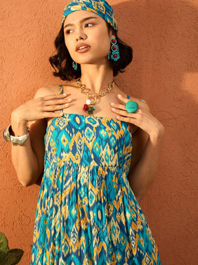 Blue & Yellow Ikat Print Strappy Tie-up Maxi Dress-Pink Paprika By SASSAFRAS