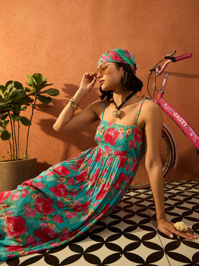 Blue & Pink Floral Strappy Tie-up Maxi Dress-Pink Paprika By SASSAFRAS