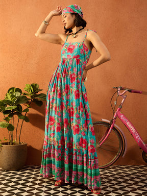Blue & Pink Floral Strappy Tie-up Maxi Dress-Pink Paprika By SASSAFRAS