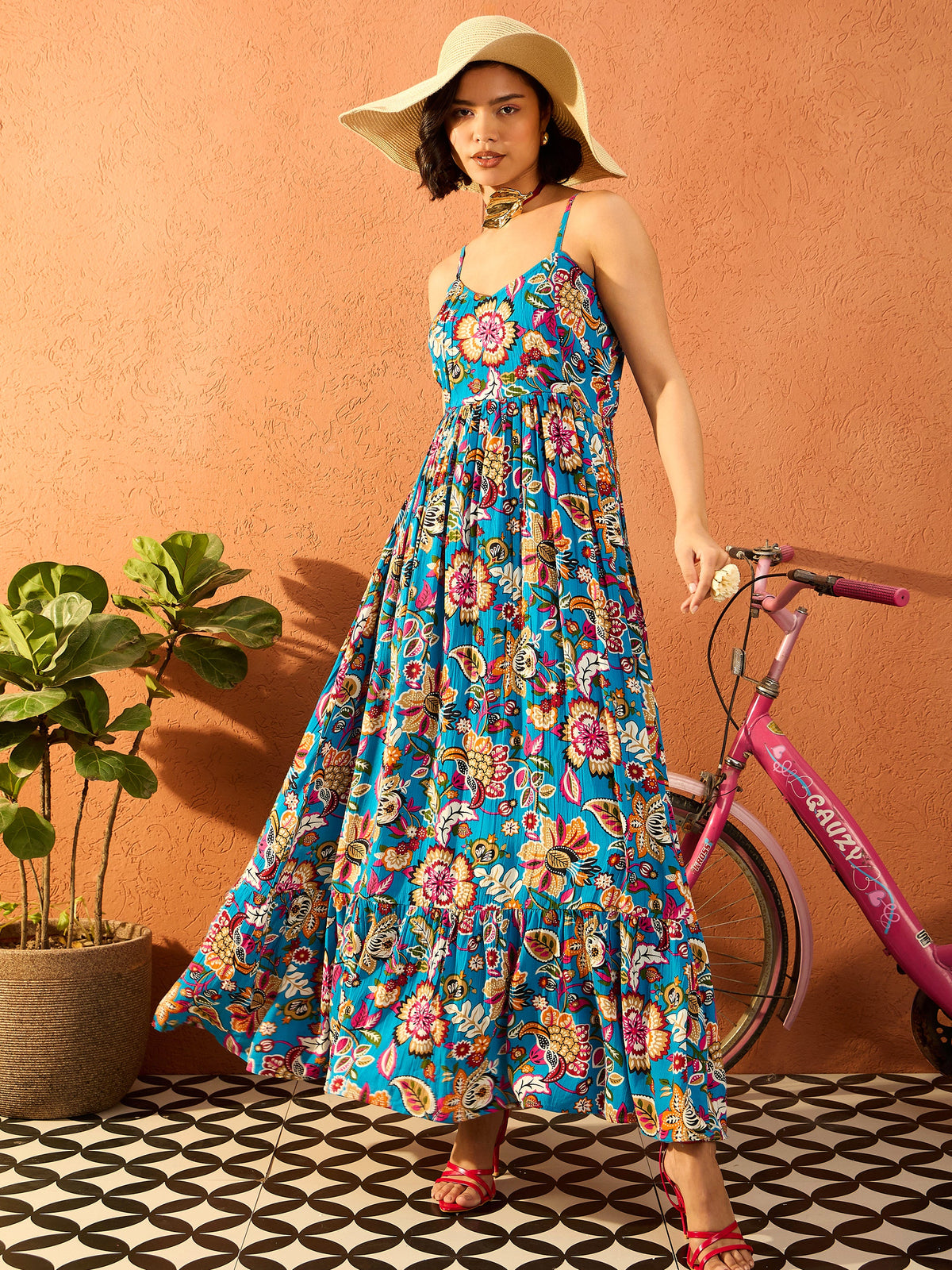 Blue Multi Floral V Neck Strappy Maxi Dress-Pink Paprika By SASSAFRAS