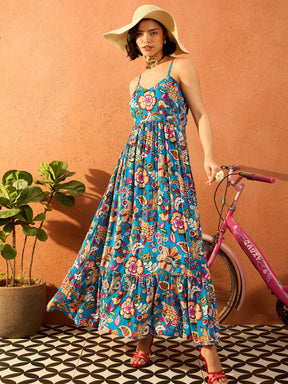 Blue Multi Floral V Neck Strappy Maxi Dress-Pink Paprika By SASSAFRAS